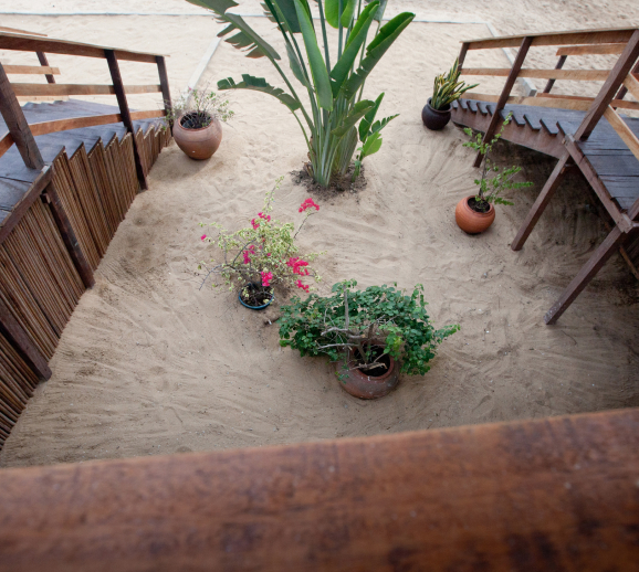 A tranquil outdoor space with potted plants arranged on sandy ground, viewed from a wooden deck designed by Oshinowo Studio, the leading architectural design studio in Lagos.