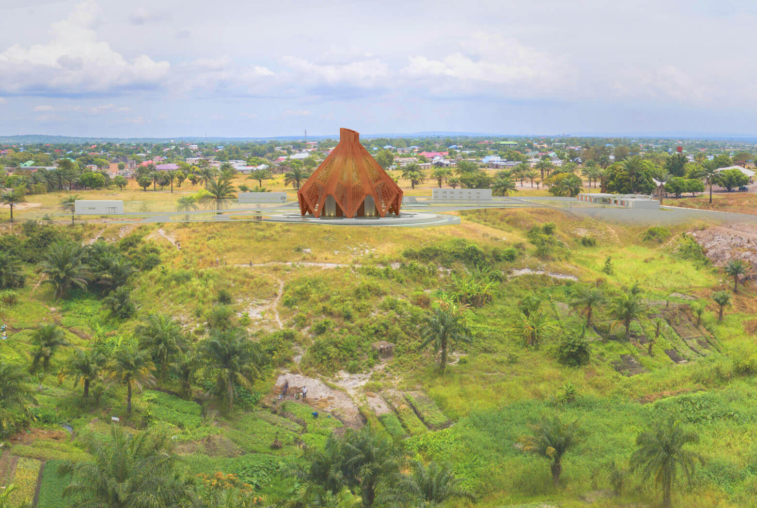 Panoramic view of a temple, set against the backdrop of the sprawling landscape, as designed by the leading architectural design studio in Lagos, Oshinowo Studio, led by Tosin Oshinowo. The temple stands out with its vibrant orange color and unique, geometric lattice structure, centrally located on a circular pavement amidst the greenery of the surrounding fields and palm trees, under the vast sky, indicating a place of calm and reflection in the heart of the community.