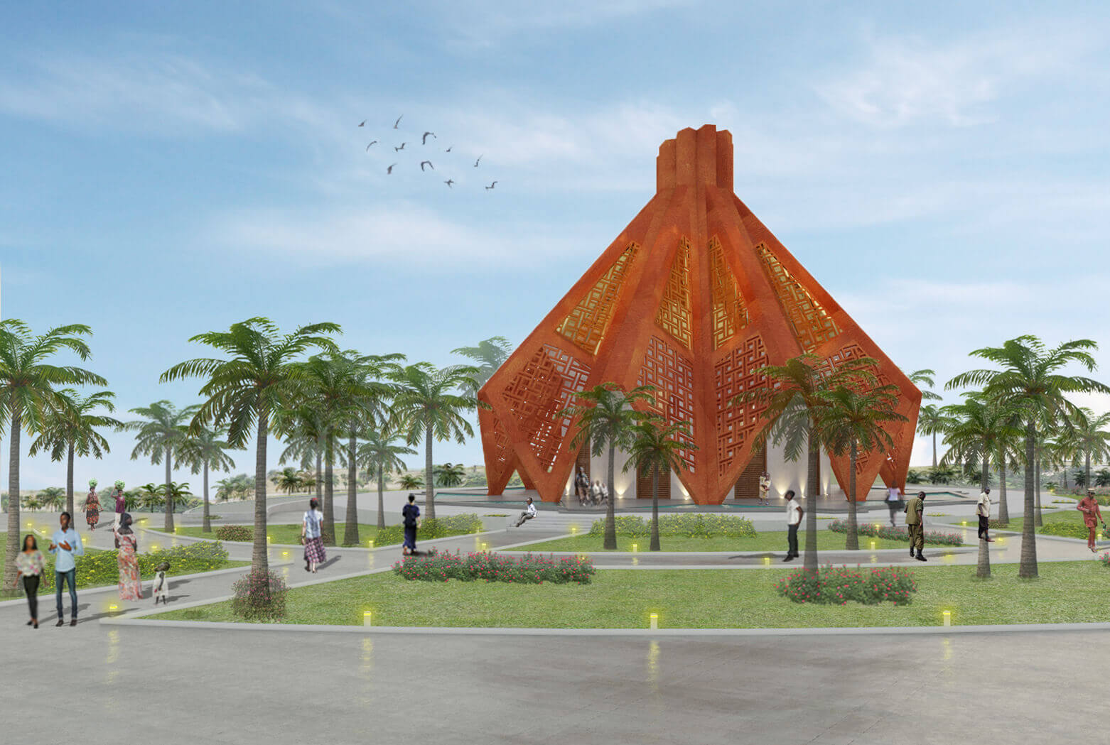 Rendering of the Bahai Temple in Kinshasa, conceptualized by the leading architectural design studio in Lagos, Oshinowo Studio, led by Tosin Oshinowo. The temple features a distinctive orange facade with intricate lattice patterns allowing light filtration, surrounded by lush palm trees and well-manicured gardens with pedestrians walking along the pathways and small yellow ground lights enhancing the serene atmosphere.