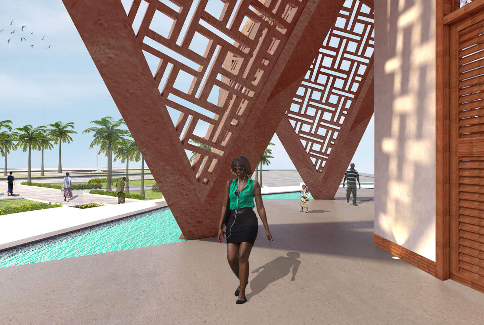 An individual walks through the striking entrance of the Bahai Temple in Kinshasa, designed by the leading architectural design studio in Lagos, Oshinowo Studio, led by Tosin Oshinowo. The towering orange lattice structures create a dynamic interplay of light and shadow, framing views of the palm-lined promenade and tranquil reflecting pool, capturing the essence of a serene and spiritual environment.