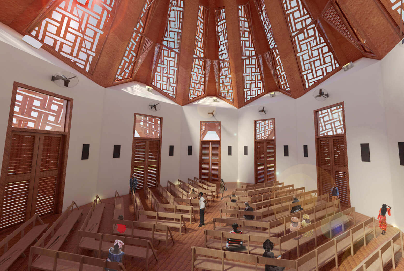 Interior view of the Bahai Temple in Kinshasa, showcasing the remarkable craftsmanship of the leading architectural design studio in Lagos, Oshinowo Studio, led by Tosin Oshinowo. The space is illuminated by natural light filtering through the ornate orange lattice work of the high ceiling, with rows of wooden benches for congregants, and tall windows with matching wood shutters that complement the warm, welcoming atmosphere inside the temple.