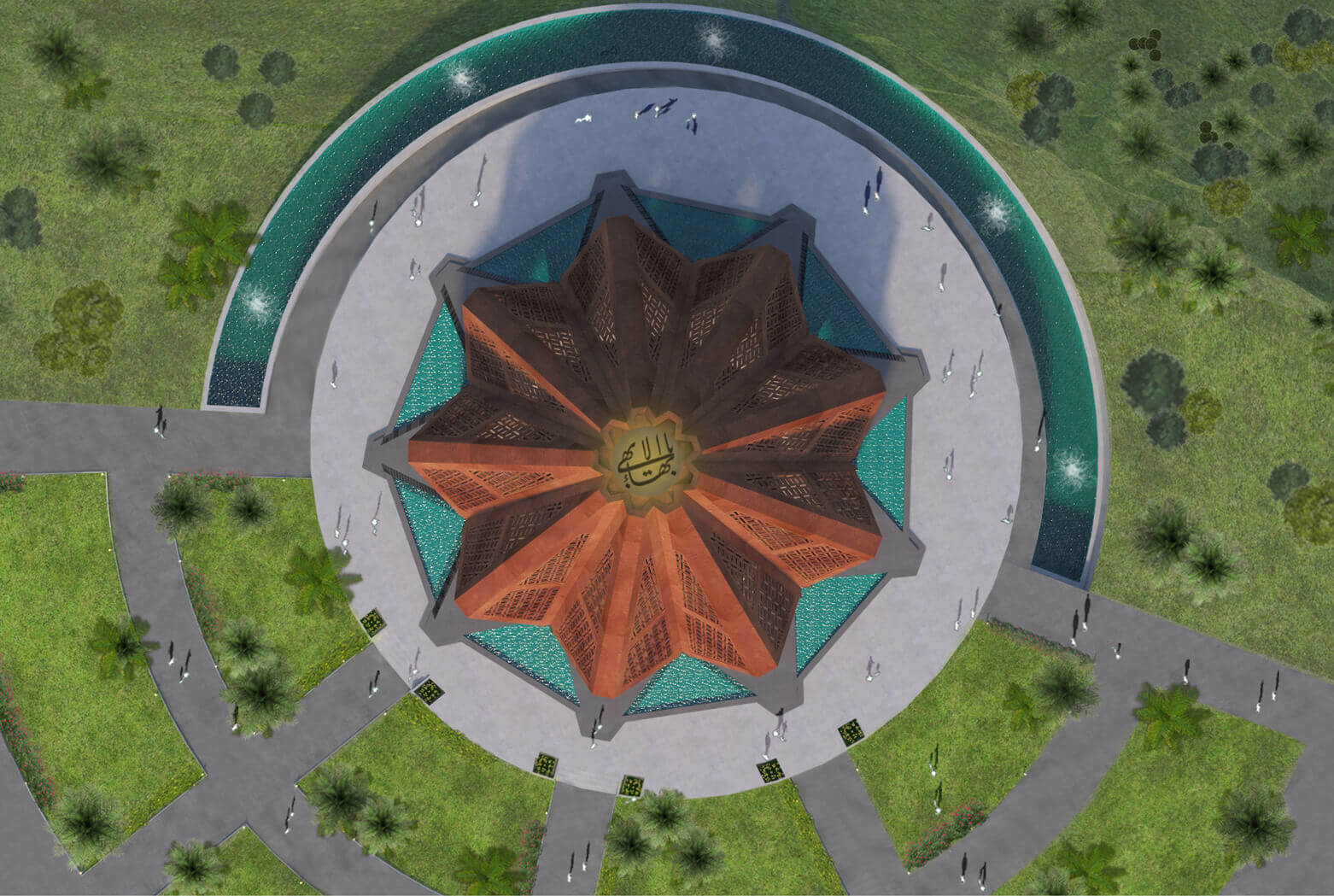 Aerial view of a temple's expansive grounds, designed by the leading architectural design studio in Lagos, Oshinowo Studio, led by Tosin Oshinowo. The temple's star-shaped structure is highlighted, with its orange lattice walls forming a striking contrast against the lush greenery of the surrounding gardens. A reflective water feature encircles the building, while walkways lead to the temple, inviting visitors to this serene and spiritually significant location. Tosin Oshinowo designed this project for the competition