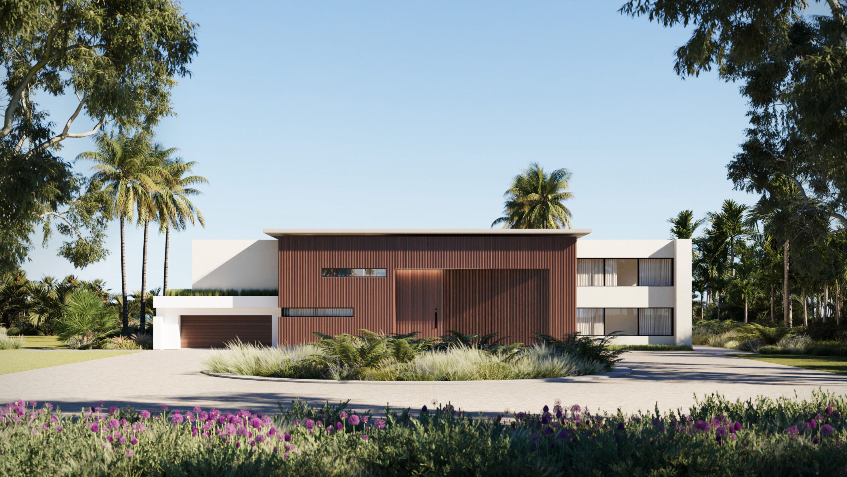 A contemporary residence named Iconic House 2023, crafted by a leading architectural design studio in Lagos, led by Tosin Oshinowo, is showcased in a sunlit setting. The house presents a blend of modern design elements, featuring a warm wooden façade with vertical slats, contrasting with the clean lines of white-rendered walls. Expansive windows punctuate the structure, offering glimpses into the sophisticated interior spaces. The home is set amidst a lush landscape with mature palm trees and vibrant purple flora, highlighting the harmonious balance between architecture and nature.