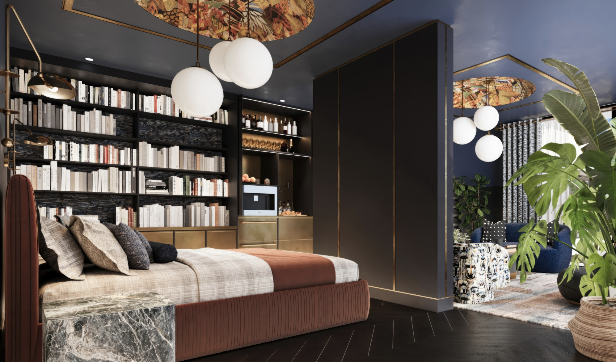 This image displays a luxurious bedroom designed by a leading architectural design studio in Lagos, led by Tosin Oshinowo, combining rich textures and sophisticated decor. The room features a large bookshelf filled with an array of books, backlit by warm lighting that accentuates the dark, textured wood. In the foreground, a plush bed with a marble footboard is adorned with pillows and a checkered throw, set against a backdrop of a dark blue ceiling and complementary walls. Chic globe pendant lights add a modern touch, while lush green plants bring a sense of life and vibrancy to the space.