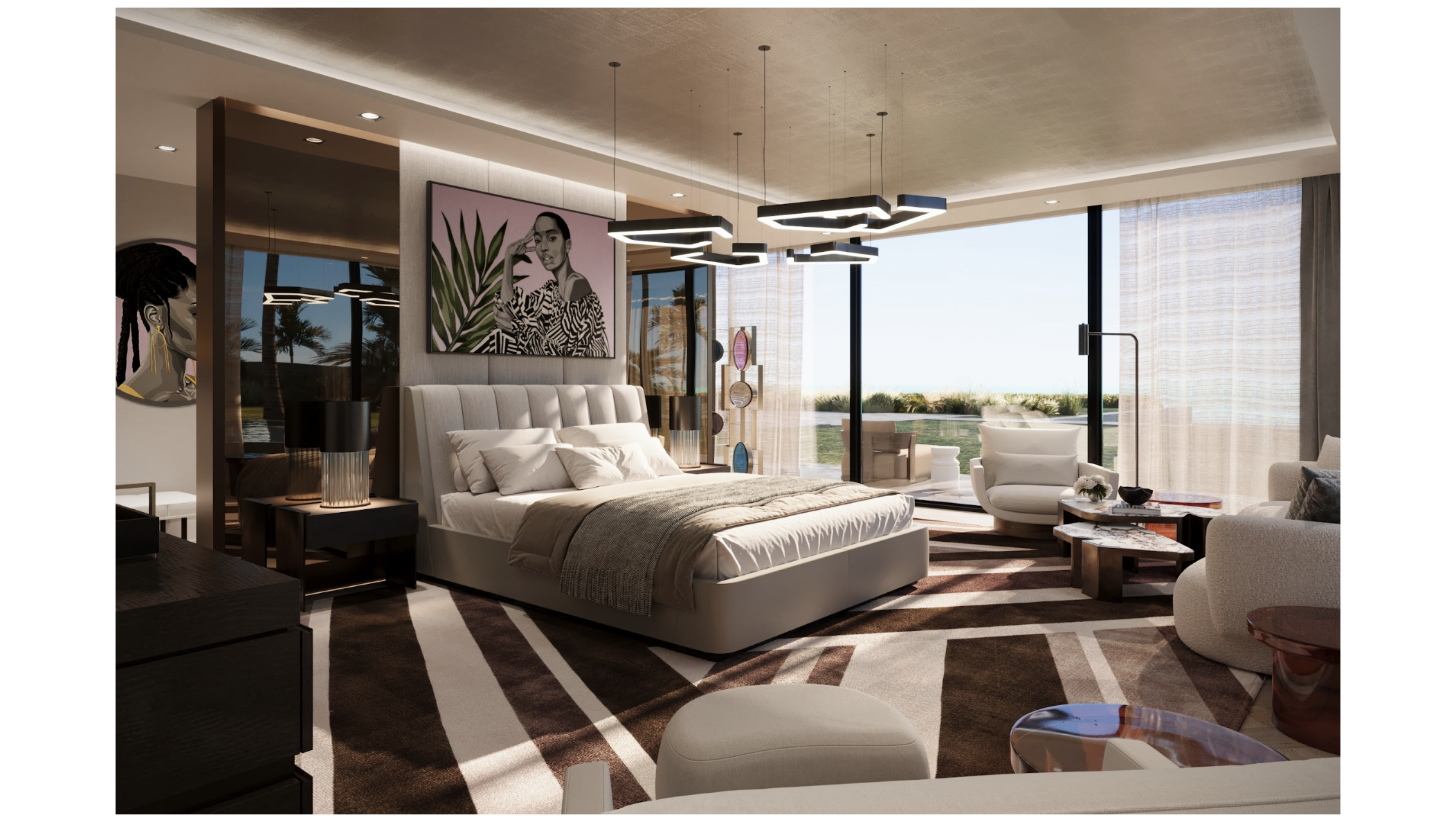 A sophisticated bedroom suite designed by Oshinowo Studio, a leading architectural design studio in Lagos led by Tosin Oshinowo, showcasing a spacious room with a large bed at the center, dressed in luxurious linens. Above the bed, modern geometric light fixtures hang from the ceiling, adding a contemporary touch. Floor-to-ceiling windows provide a picturesque view of the outdoors, allowing natural light to flood the space. The room features a harmonious mix of textures and colors, with a large art piece adding a vibrant focal point. Elegantly designed furniture, including a cozy seating area and a sleek bedside setup, complements the overall modern and airy ambiance of the room.