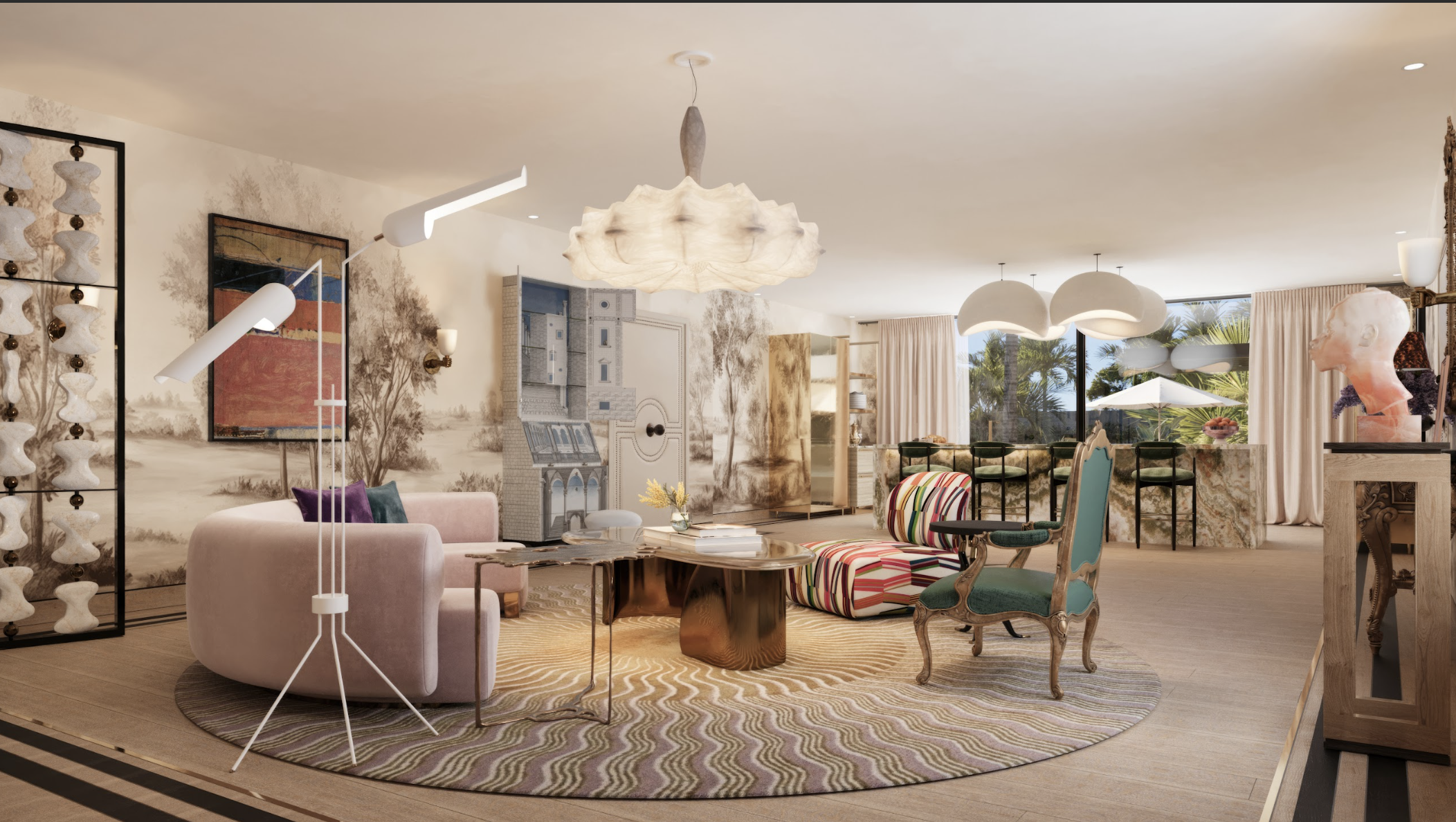 A vibrant and eclectic living space designed by Oshinowo Studio, a leading architectural design studio in Lagos, led by Tosin Oshinowo, showcases a fusion of contemporary and traditional elements. The room features a striking floor lamp with an angular design, complementing the organic form of the cloud-like ceiling light fixture. A central coffee table with a reflective surface anchors the area, surrounded by an array of colorful, patterned seating options. Artistic wall panels, a mural with landscape imagery, and a mix of textures from the rugs to the furniture create a rich visual tapestry. Large windows open up to a view of palm trees, blending the interior with the exterior.