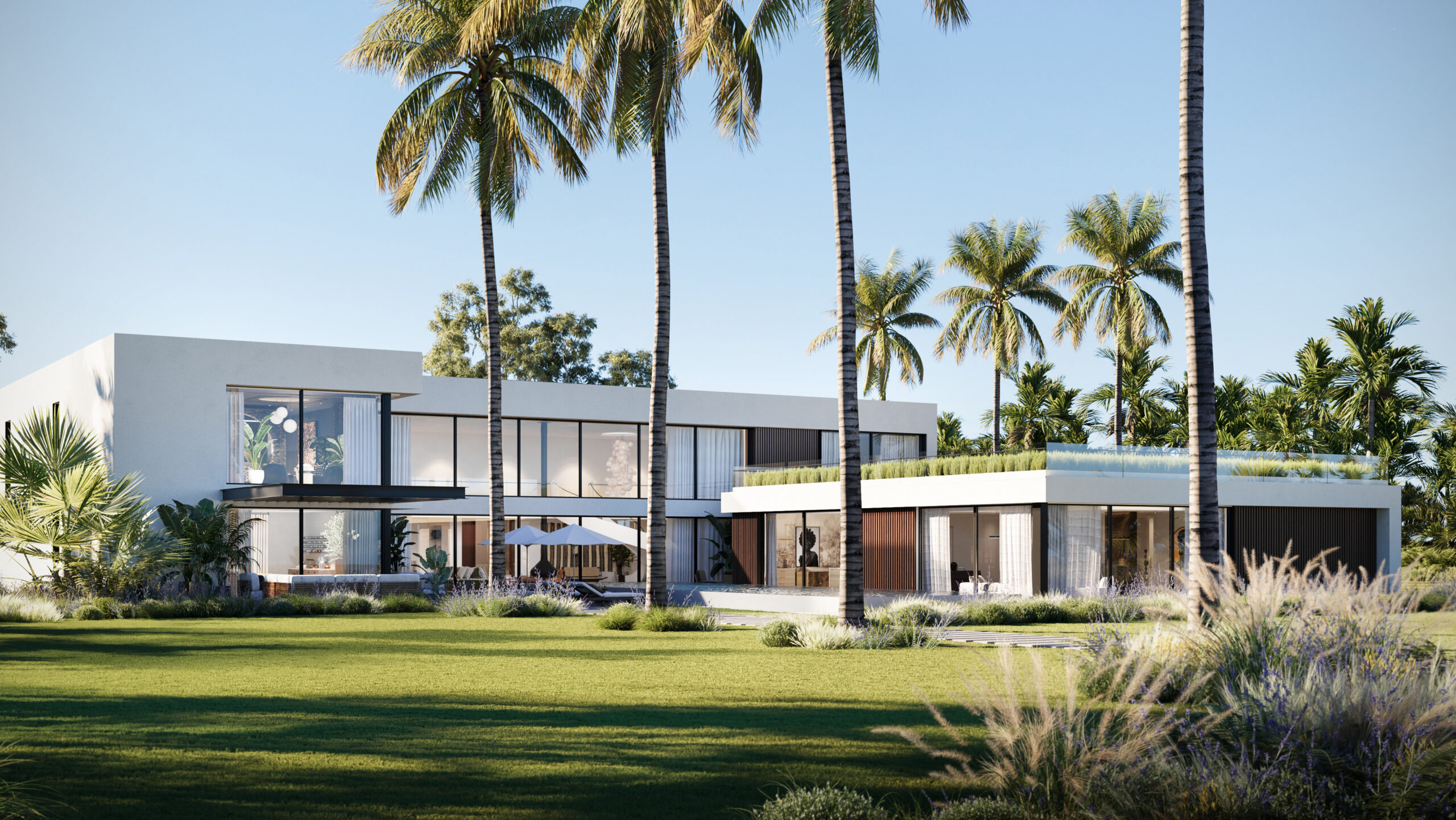 Iconic House 2023 represents a masterpiece of contemporary residential design by a leading architectural design studio in Lagos, led by Tosin Oshinowo. The home is a luxurious blend of glass, wood, and concrete, creating a sleek and modern aesthetic. Expansive glass facades offer unobstructed views of the surrounding verdant landscape and towering palm trees. The property features lush rooftop gardens that seamlessly integrate the structure into the natural environment, showcasing sustainable design principles and luxury living.