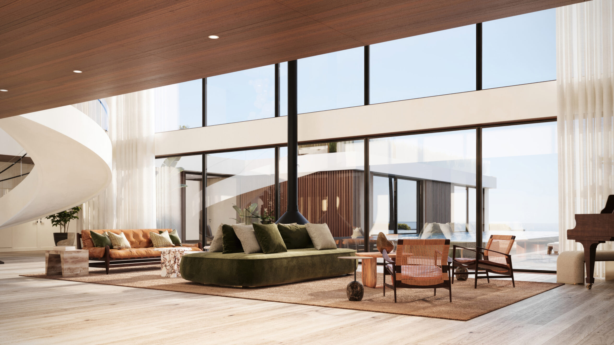 A lavish interior from Iconic House 2023, crafted by a leading architectural design studio in Lagos, led by Tosin Oshinowo, displays a grand living space with towering ceilings clad in rich wooden panels. Floor-to-ceiling windows provide an abundance of natural light and sweeping views of the sea. The room is elegantly furnished with a mix of modern and organic materials: a plush green velvet sofa, warm leather chairs, and a grand piano, all anchored on a soft, textured area rug. A sculptural white staircase adds a dramatic focal point, emphasizing the space's sophisticated design.