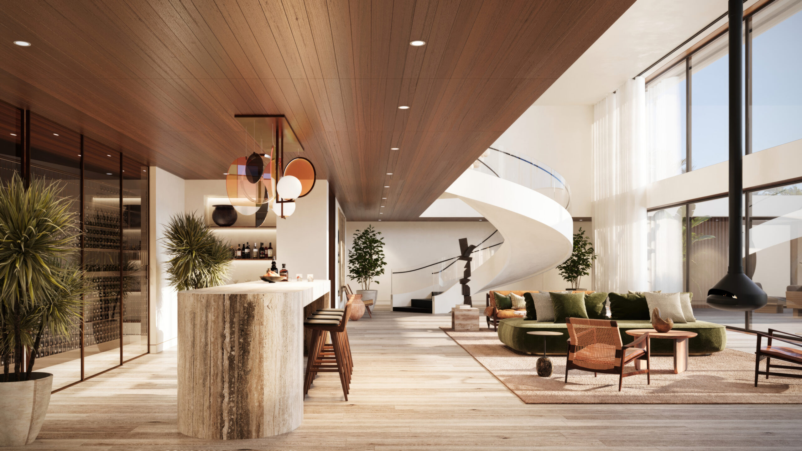 Iconic House 2023, conceived by a leading architectural design studio in Lagos, led by Tosin Oshinowo, reveals a sophisticated interior with a warm, inviting atmosphere. The space is defined by a rich wooden ceiling that sweeps over a bar area adorned with modern hanging lights and a textured stone bar front. Floor-to-ceiling windows draped with sheer curtains allow natural light to flood in, highlighting the elegant green velvet seating and mid-century modern wooden chairs. The open-plan area also features a sculptural modern art piece and a sleek fireplace, epitomizing luxurious, contemporary living.