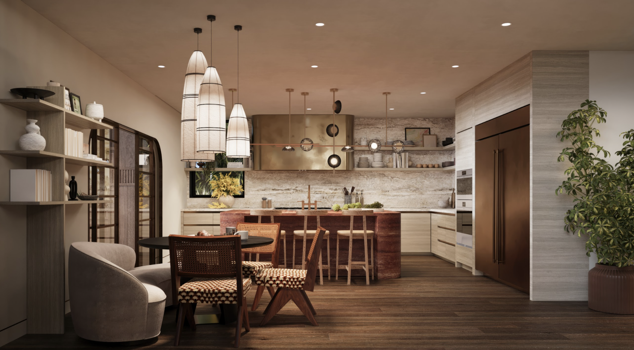 A cozy and stylish kitchen interior designed by a leading architectural design studio in Lagos, led by Tosin Oshinowo, featuring rich wooden floors and a variety of textures. The space is equipped with modern appliances, including a copper-toned refrigerator and an integrated oven. A central island with a unique stone countertop and wood base serves as the focal point, complemented by woven rattan dining chairs and elegant pendant lighting. Open shelving displays an assortment of decorative items, and a plush, curved armchair creates a comfortable nook for reading or relaxing.