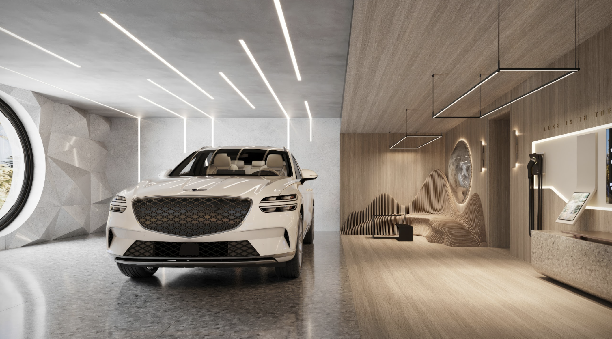 A luxury car showroom, with a contemporary design by a leading architectural design studio in Lagos, led by Tosin Oshinowo, showcases an elegant white vehicle. The space boasts a striking geometric wall, sleek linear lighting that crisscrosses the ceiling, and a minimalist wooden theme throughout. A sculptural wooden bench curves along the wall, adding an artistic touch alongside the 'LUXE IS IN THE DETAIL' neon sign. The sophisticated ambiance is completed by strategic lighting that highlights the car's design and the showroom's architectural features.