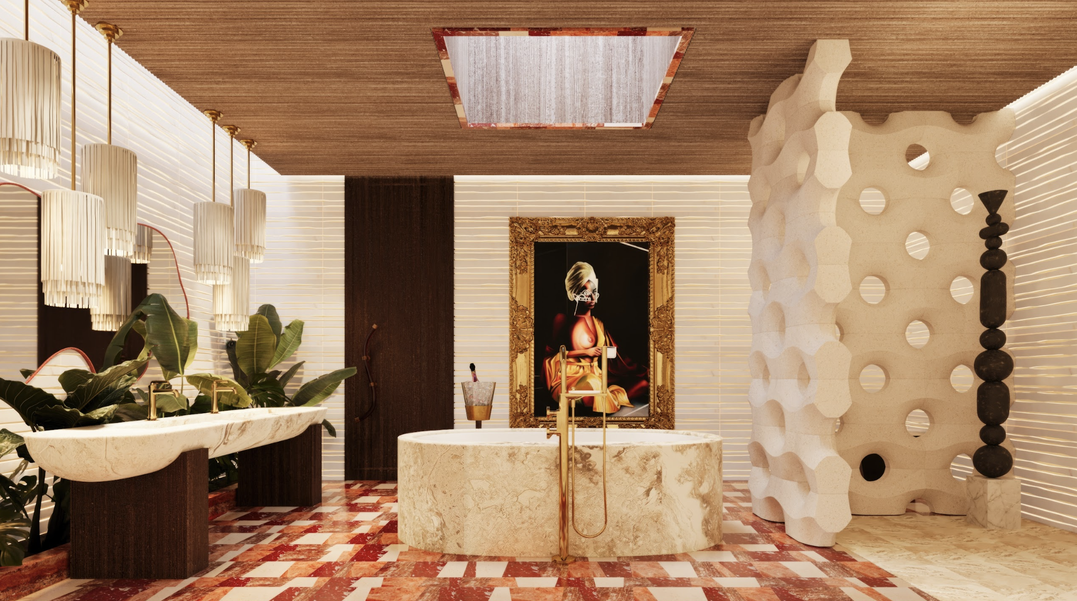 An opulent bathroom design by a leading architectural design studio in Lagos, led by Tosin Oshinowo, featuring an artistic blend of classical and modern elements. The focal point is a luxurious marble bathtub with golden fixtures, set against a strikingly patterned terrazzo floor. Elegant fringed pendant lights hang above, casting a soft glow. A bold artwork in a golden frame provides a dramatic contrast to the textural walls and blinds. The sculpted partition wall adds a contemporary touch, while indoor plants introduce a fresh, natural element to the lavish decor.