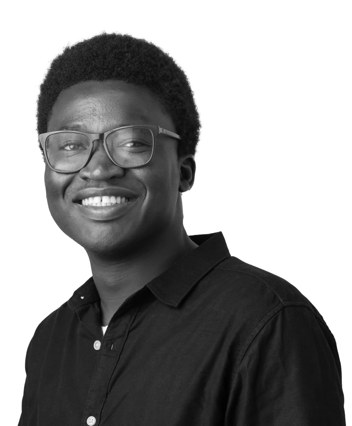 Black and white portrait of ABDULAKEEM YUSUFF as part of the Oshinowo Studio team picture