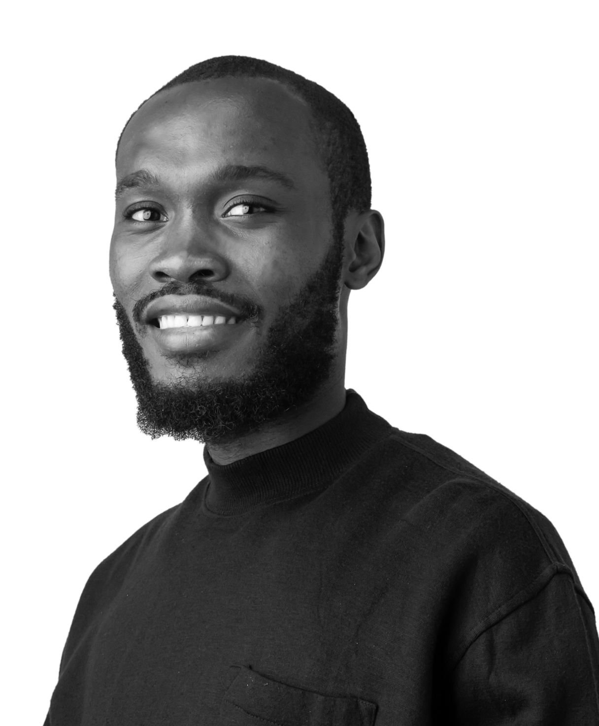 Black and white portrait of CHIAGOZIE OHALETA as part of the Oshinowo Studio team picture